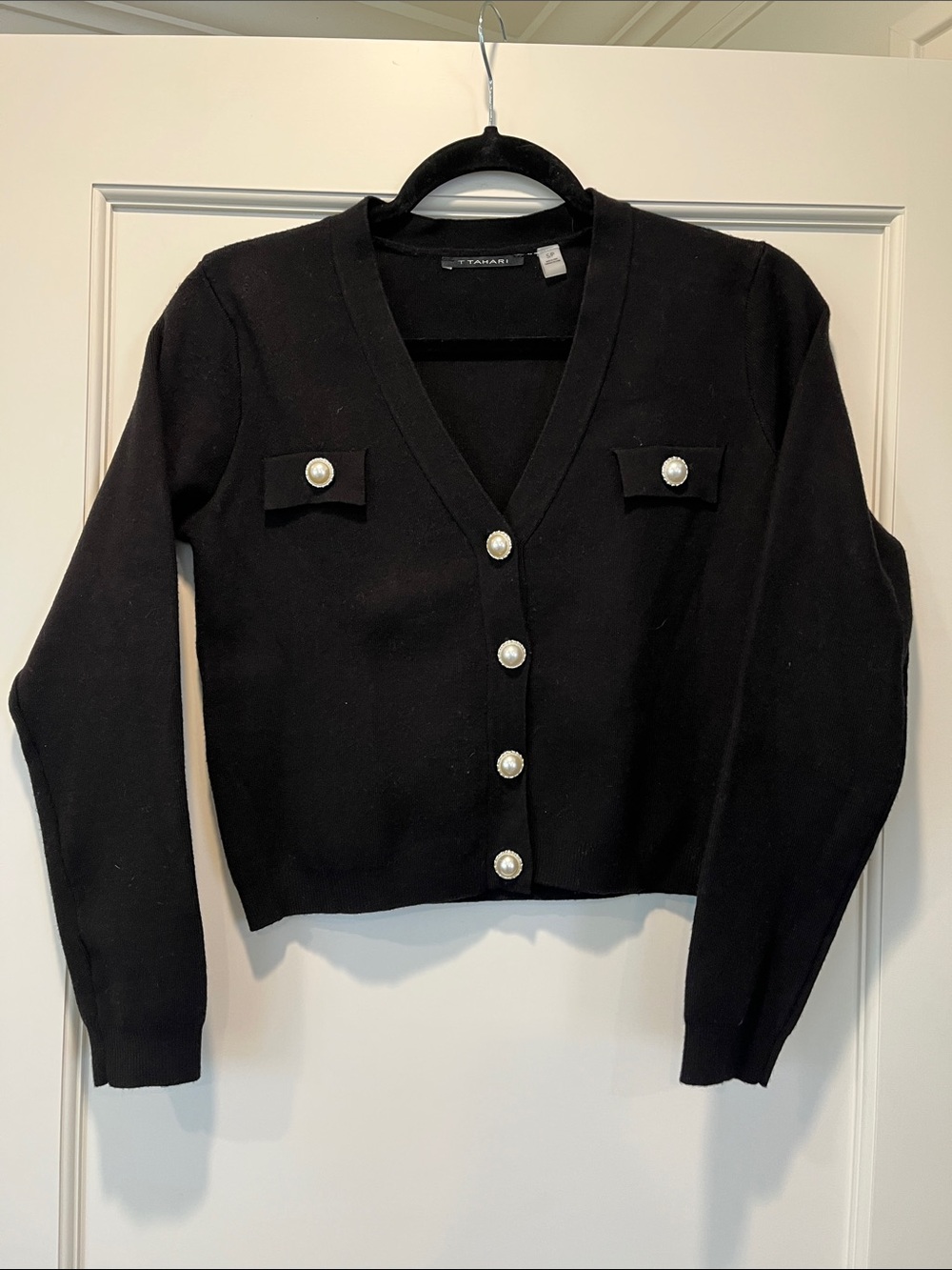 T Tahari cropped cardigan with pearl buttons